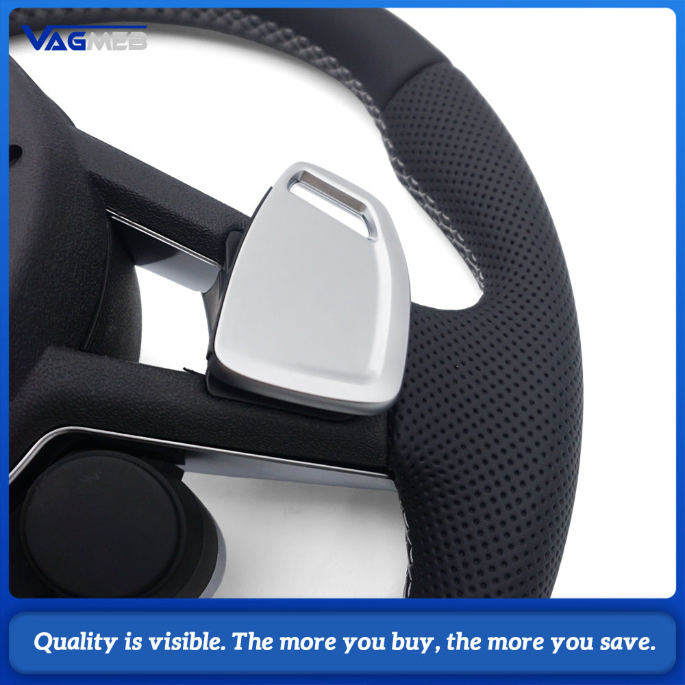 R8 Style Steering Wheel Semi‑Perforated Leather White Stitching With Paddle Shifters Full Multifunction R8 Satellite Buttons Hands‑Off Detection HOD For Audi R8