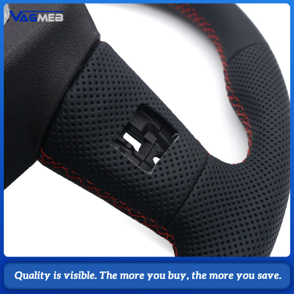 For Audi Q5FY Gloss Black Half Perforated Leather Steering Wheel, Red Stitching Steering Wheel Without Shift Paddles and Buttons