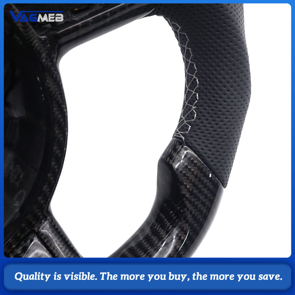 For Audi R8 Mk1 42 2007-2015 Carbon Fiber Steering Wheel, Half-Perforated Leather, White Stitching, White 12 O'clock Mark, With Button Frame & R8 Logo, Custom Upgrade