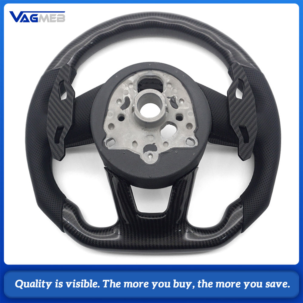 Flat Bottom RS Sport Steering Wheel Fit Audi A4 B9 OEM Bare Core Half Perforated Black Stitch Complete Carbon Paddles Button Trim HOD Decoder Included