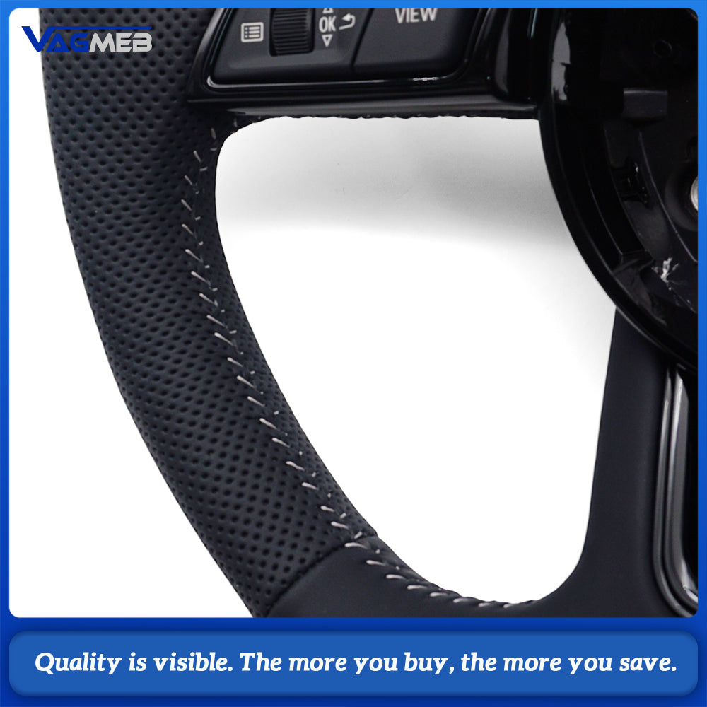 For Audi A4 B9 S-Line Half Perforated Steering Wheel White Stitching Blackened With Buttons Paddle Shifter
