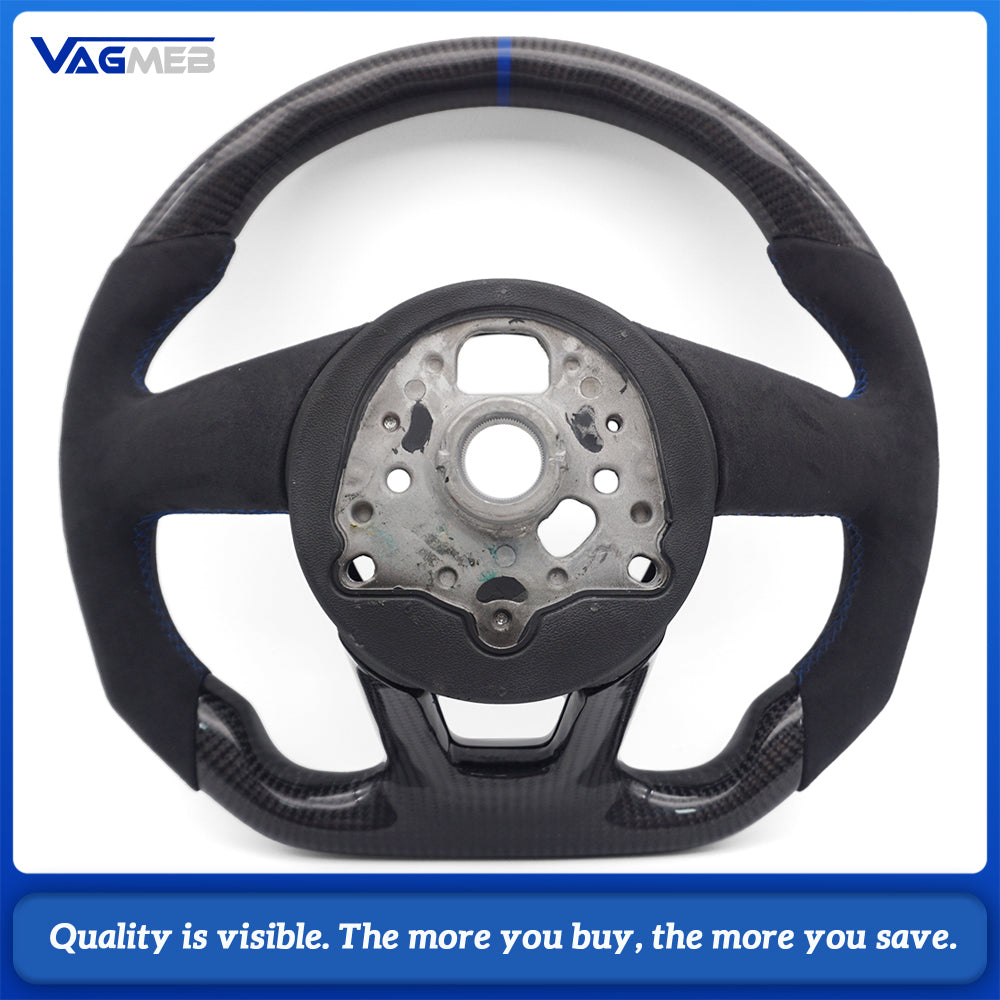 For Audi A4 B9 S Line Carbon Fiber Steering Wheel Half Alcantara Blue Stitch Blue Marker Buttons Airbag Assembly