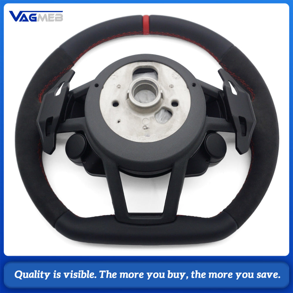 TT‑Style Sport Steering Wheel Half‑Alcantara Red Stitching Red Centering Mark For VW, Multifunction Buttons & Shift Paddles