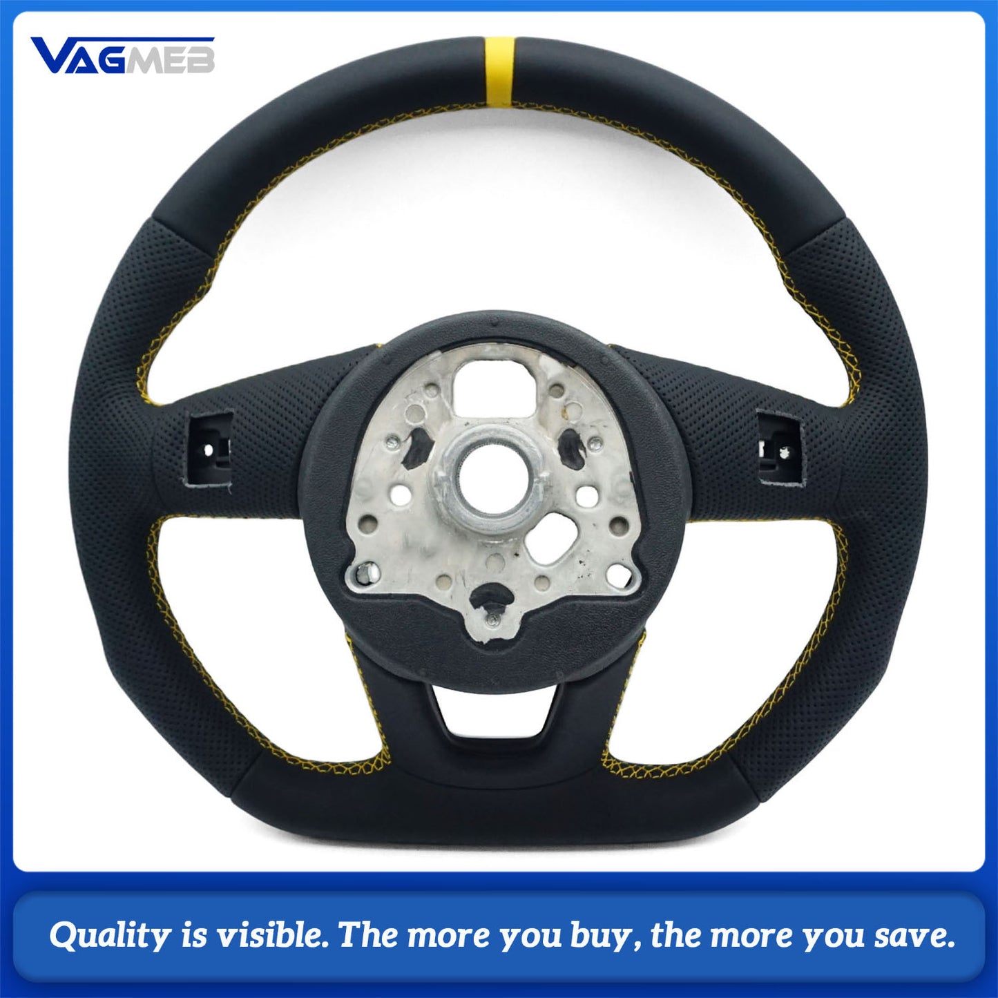 Semi - Perforated Leather Steering Wheel  Yellow Stitching & Centering Mark