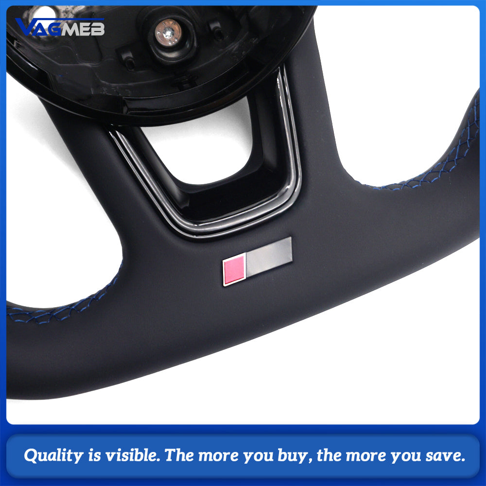 For Audi A4 B9 RS Logo Half Perforated Leather Steering Wheel Blue Stitch Blue Center Marker