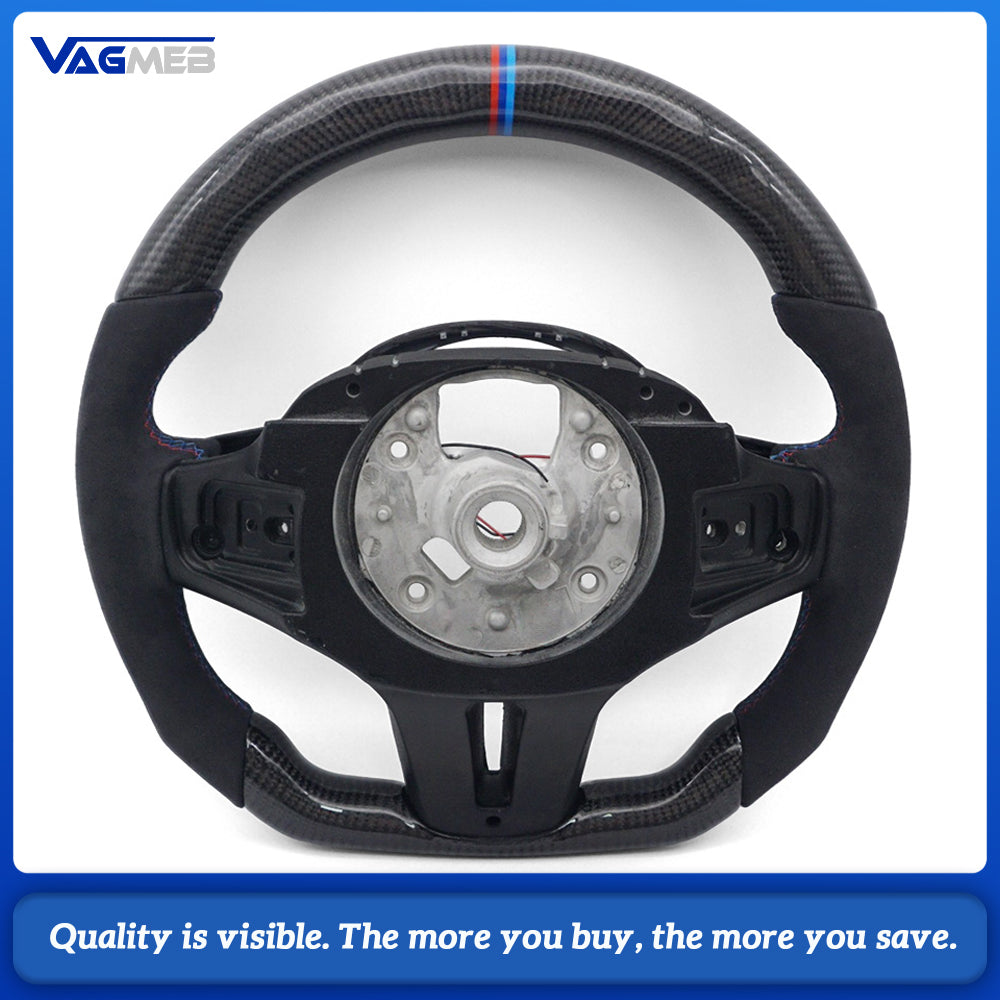 Carbon Fiber Sport Steering Wheel LED Shift Display Semi‑Alcantara Suede M‑Tri‑Color Stitching Tri‑Color Center Mark Full Carbon‑Fiber Button Trim With Steering Wheel Heating For BMW G38