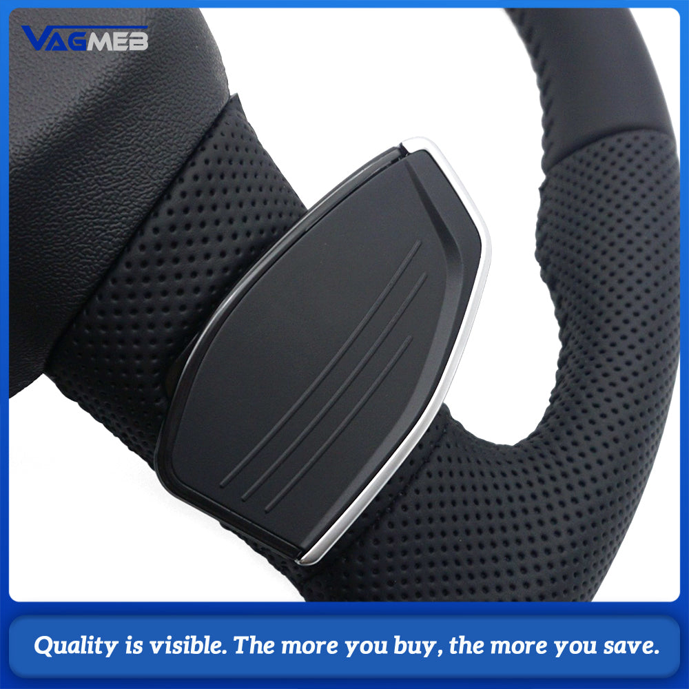 Sport Steering Wheel Half‑Perforated Leather Black Stitching For Audi Q3, With Shift Paddles, No Buttons, Non‑Heated