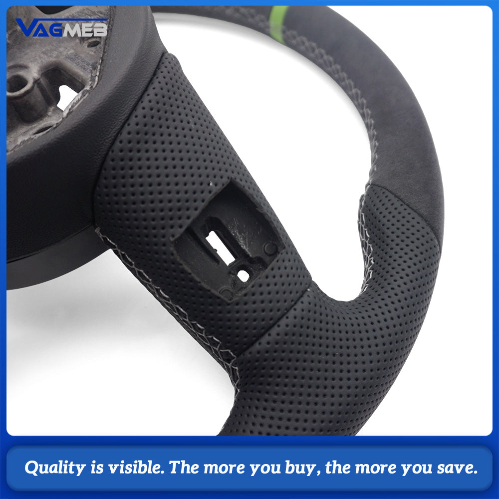 For Audi A38Y S Sport Steering Wheel With S Badge Shaped Bottom Base Half Perforated Leather Upper Lower Alcantara Cover White Thread Green Recenter Mark Modified Interior Steering Wheel