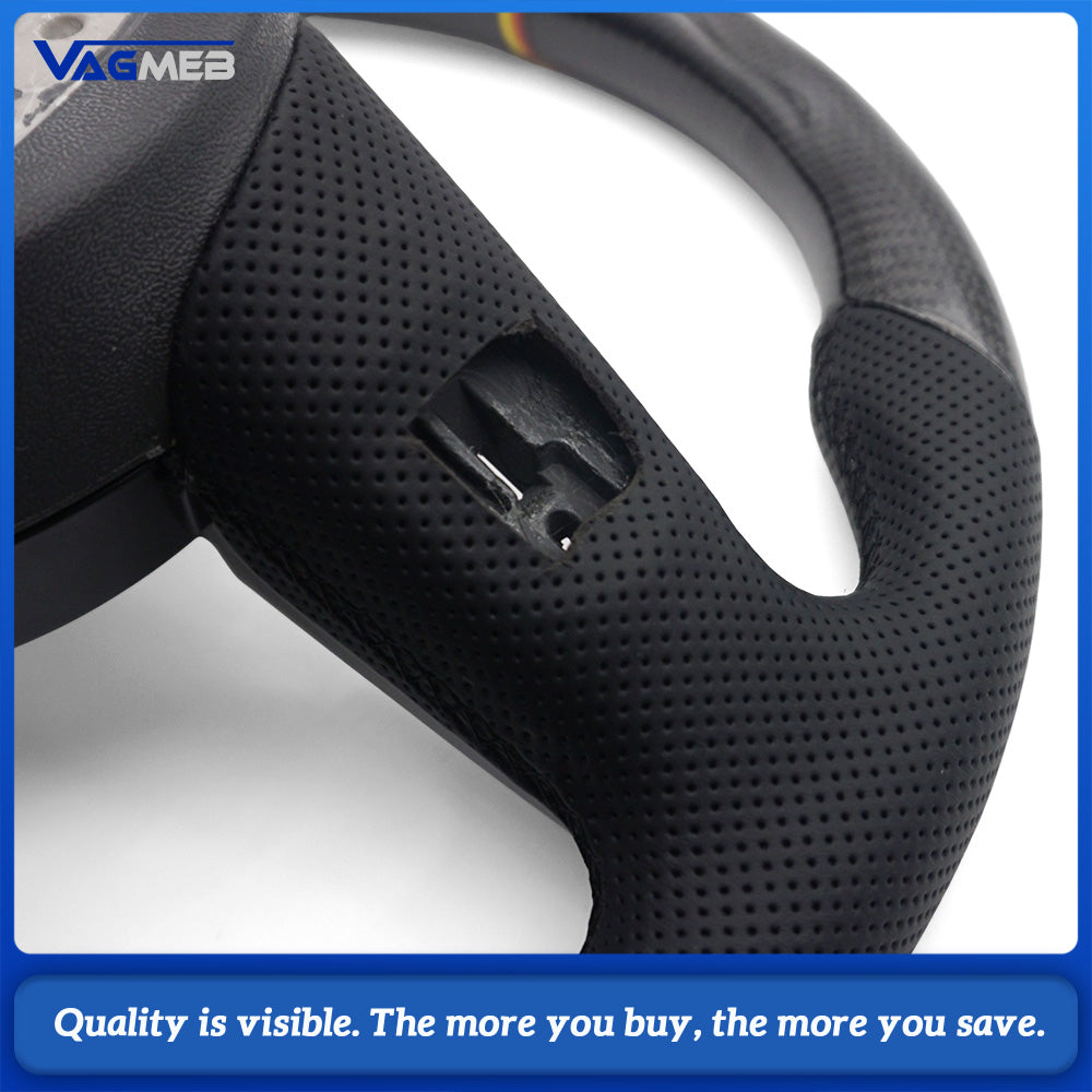 Flat Bottom Gloss Carbon Fiber Steering Wheel Half Perforated Leather Black M Tri-Color Stitch RS Badge 12 O'clock Marker Fit Audi A4 B9 S4 RS4