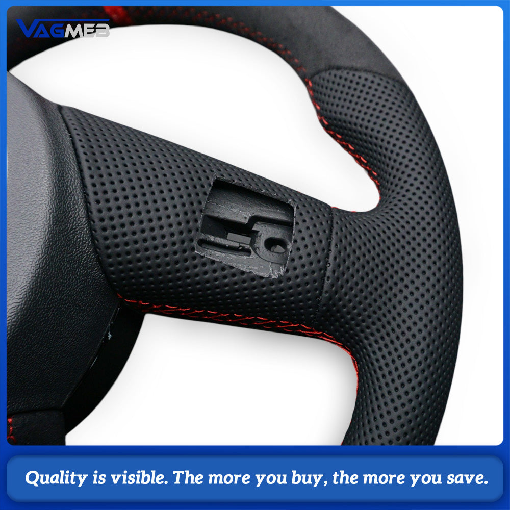 For Audi A4 B9 Steering Wheel, Top & Bottom Alcantara, Side Perforated Leather, Red Stitching, Red Center Marker, Contoured Design, Without Airbag