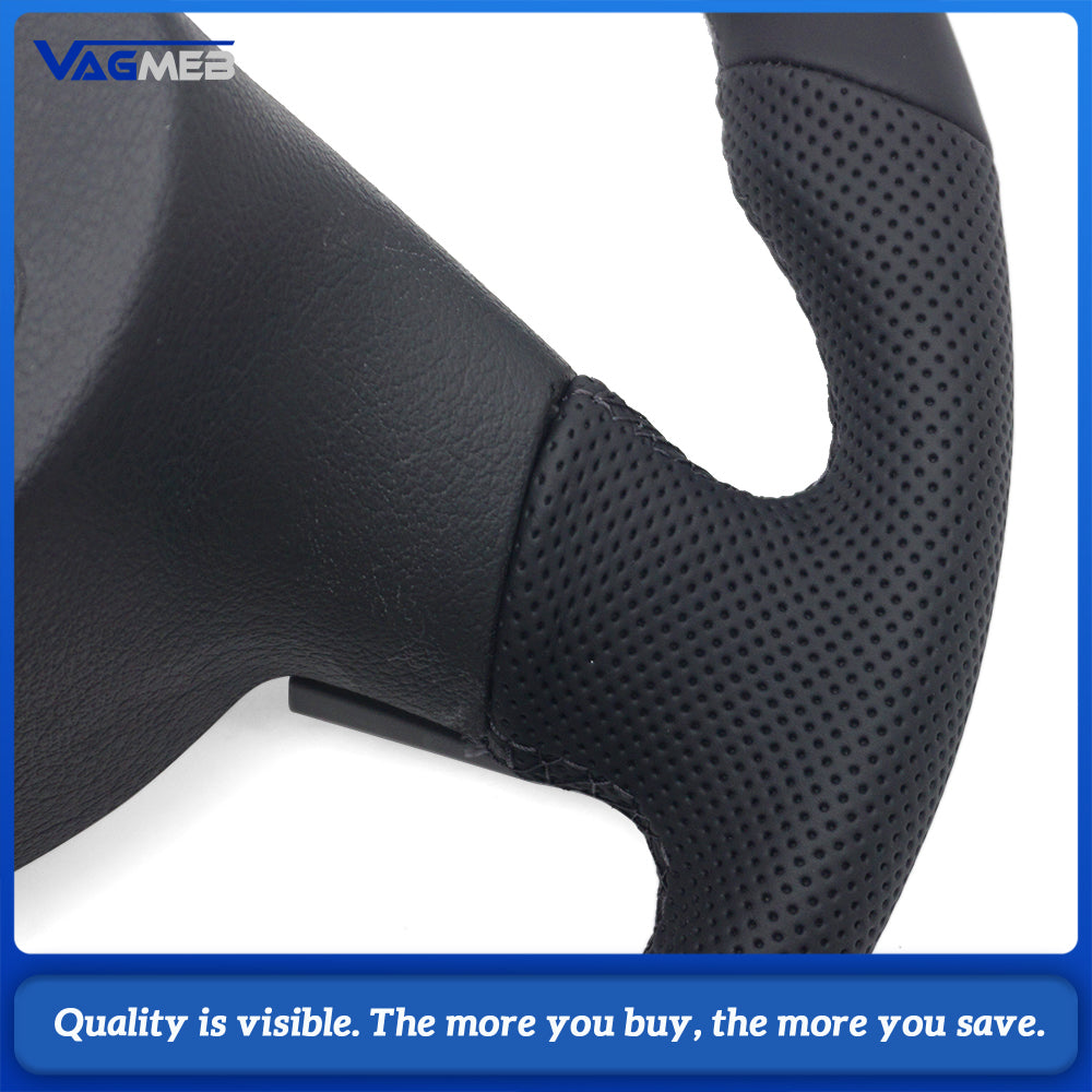 VW Golf MK5 Semi Perforated Leather Steering Wheel, Black Stitching With Control Buttons, Without Shift Paddles Retrofit Replacement