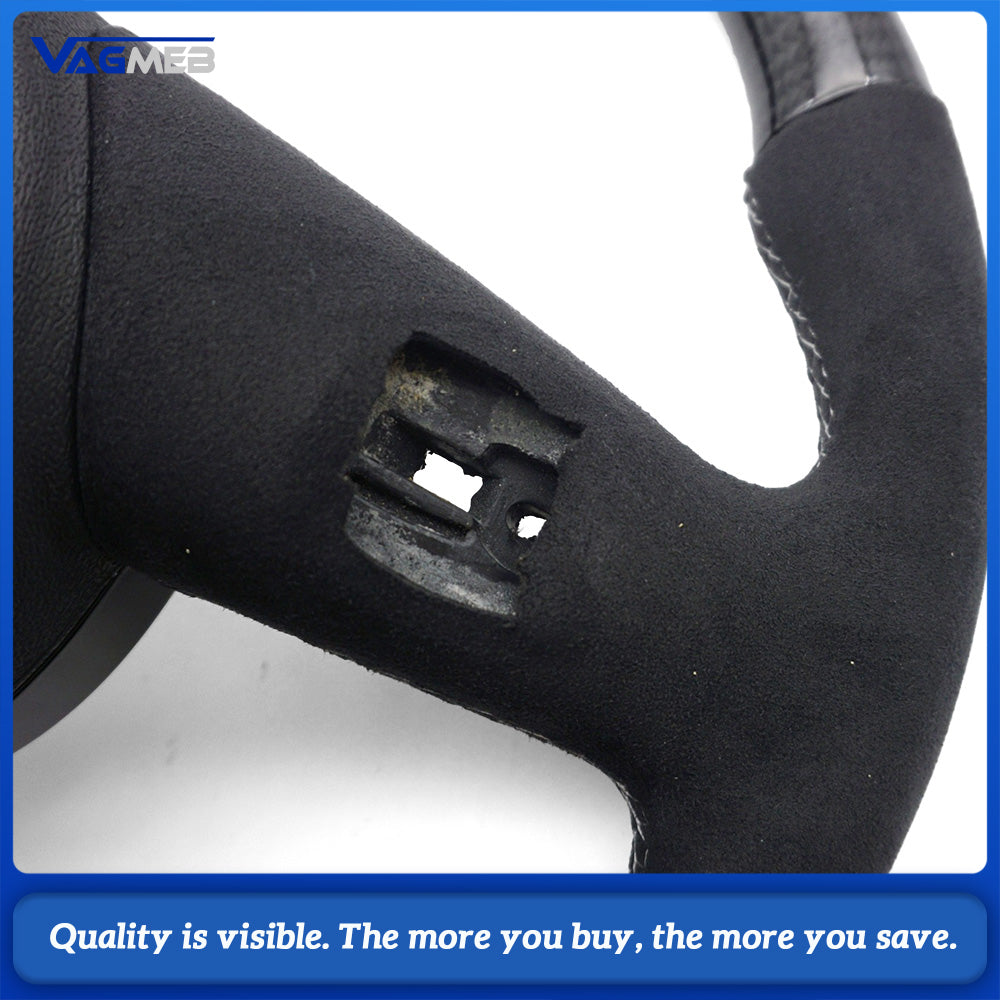 Modified Steering Wheel For Audi A4 B9, Semi Alcantara & Carbon Fiber, White Stitch, Blue Top Marker, RS Emblem