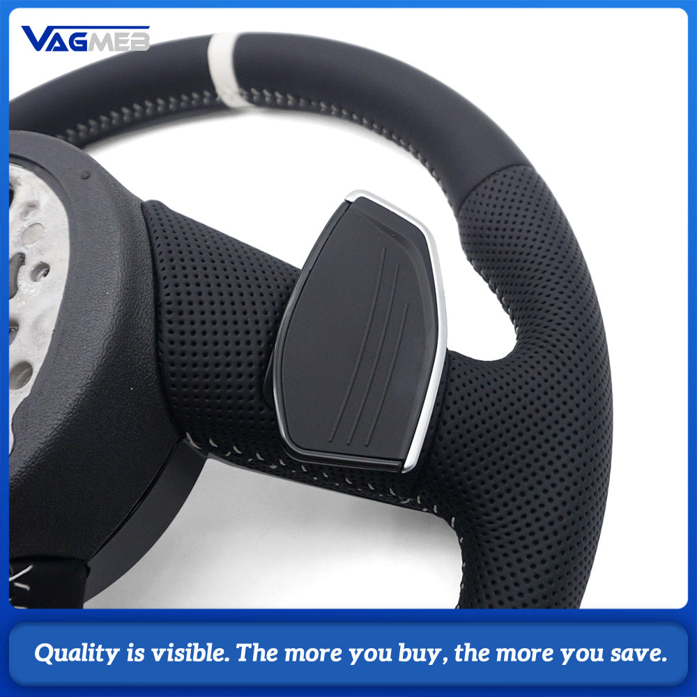 Half Perforated Leather Steering Wheel Fit for Audi A4 B9, White Stitching, With Buttons & Chrome Shift Paddles