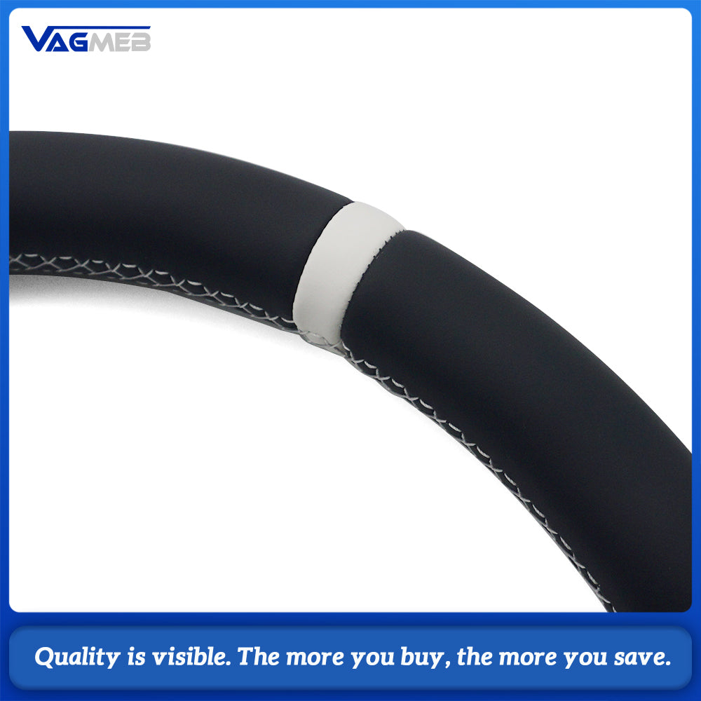 Sport Contoured Steering Wheel For Audi A4 B9, Half‑Perforated Leather White Stitching White Centering Mark, No Shift Paddles