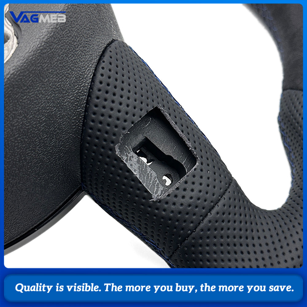 Sculpted Flat‑Bottom Sport Steering Wheel Top & Bottom Alcantara Left‑Right Perforated Leather Blue Stitching Blue Center Mark No Paddles Buttons Not Included For Audi A4 B8