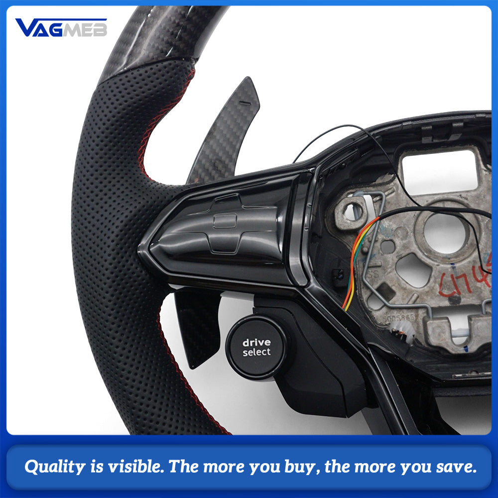 LED Carbon Fiber Steering Wheel For VW Golf MK8 GTI R, Half Perforated Leather Red Stitching, Red Top Marker, Multifunction Buttons, Carbon R8 2 Mode Buttons, DSG Paddle Shifters