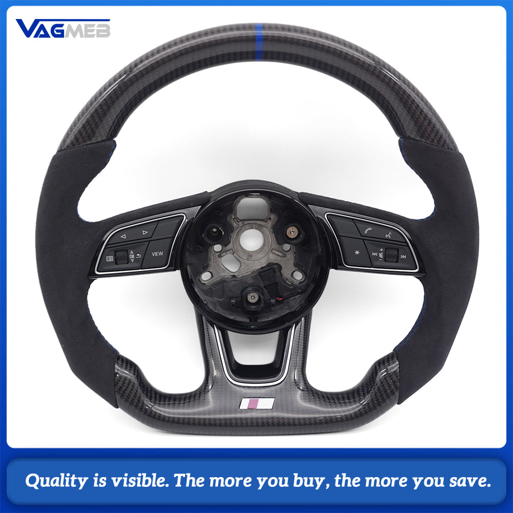 For Audi A4 B9 S Line Carbon Fiber Steering Wheel Half Alcantara Blue Stitch Blue Marker Buttons Airbag Assembly
