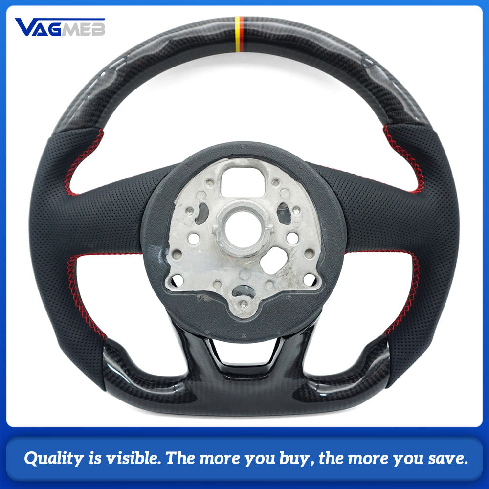 Carbon Fiber Half Perforated Steering Wheel Red Stitch Black-Red-Yellow Centering Mark No Paddle Shifters for Audi A4 B9