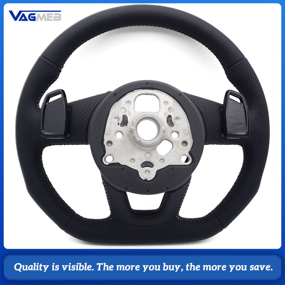 For Audi A4 B9 S-Line Half Perforated Steering Wheel White Stitching Blackened With Buttons Paddle Shifter