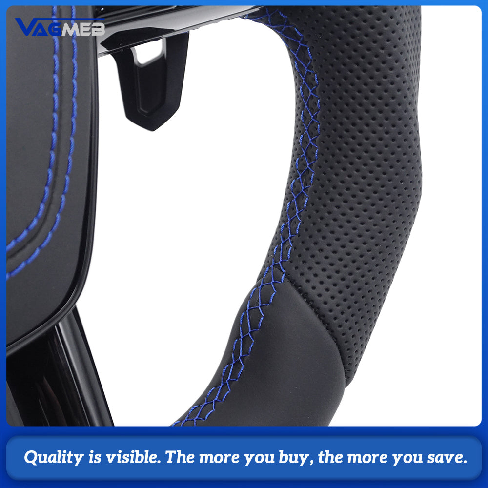 RS Logo Half Perforated Leather Steering Wheel Blue Stitch For Audi A6 C8 A7 S6 RS6