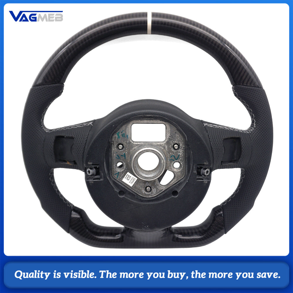 For Audi R8 Mk1 42 2007-2015 Carbon Fiber Steering Wheel, Half-Perforated Leather, White Stitching, White 12 O'clock Mark, With Button Frame & R8 Logo, Custom Upgrade