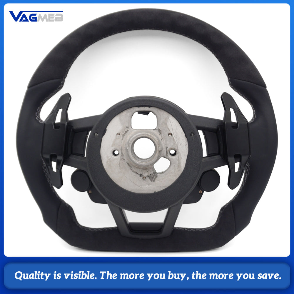For Audi R8 Flat Bottom RS Steering Wheel Leather+Alcantara Gray Stitch With Buttons Shift Paddles R8 2 Buttons