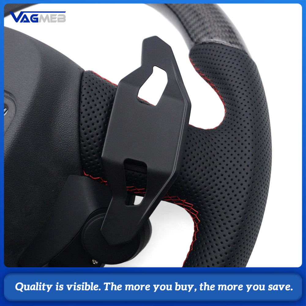 Carbon Fiber Half Perforated Steering Wheel, Gloss Black Trim, Red Stitch, Red Center Marker, R8 Buttons, Heating & Hands Off Detection, With Paddle Shifters & Multifunction Keys for Audi A6 C8
