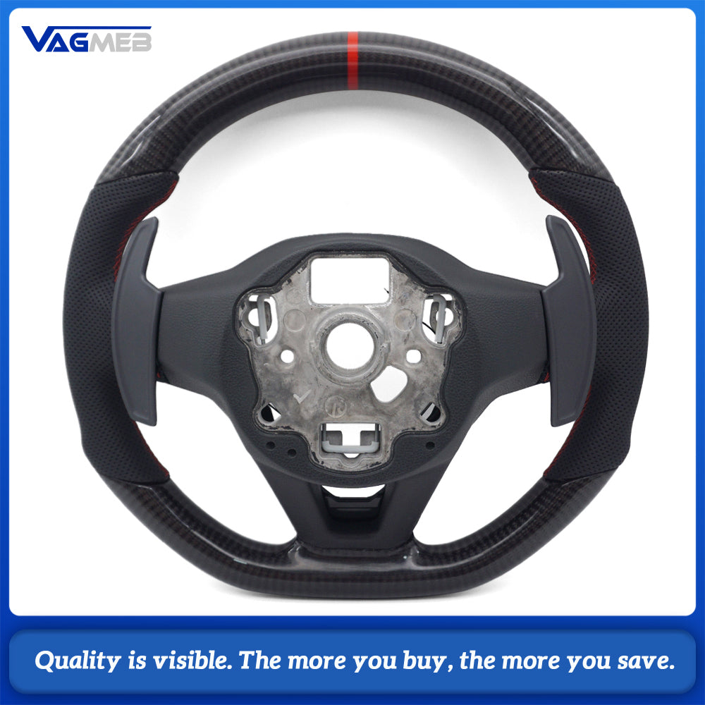 Car Sport LED Carbon Fiber Steering Wheel For VW Golf 8 MK8, Half Perforated Leather, Red Stitch, Red 12 O’Clock Center Mark, Equipped with Multi-function Buttons & Gear Shift Paddles