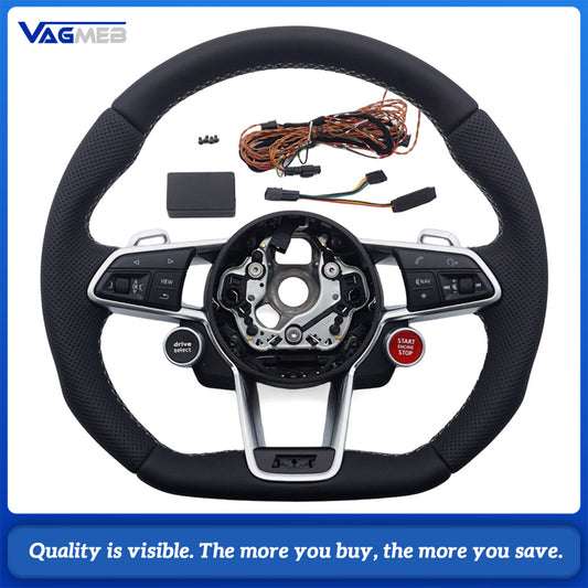 R8 Style Steering Wheel Semi‑Perforated Leather White Stitching With Paddle Shifters Full Multifunction R8 Satellite Buttons Hands‑Off Detection HOD For Audi R8