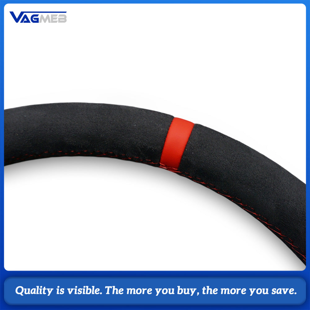 For Audi A4 B9 Steering Wheel, Top & Bottom Alcantara, Side Perforated Leather, Red Stitching, Red Center Marker, Contoured Design, Without Airbag