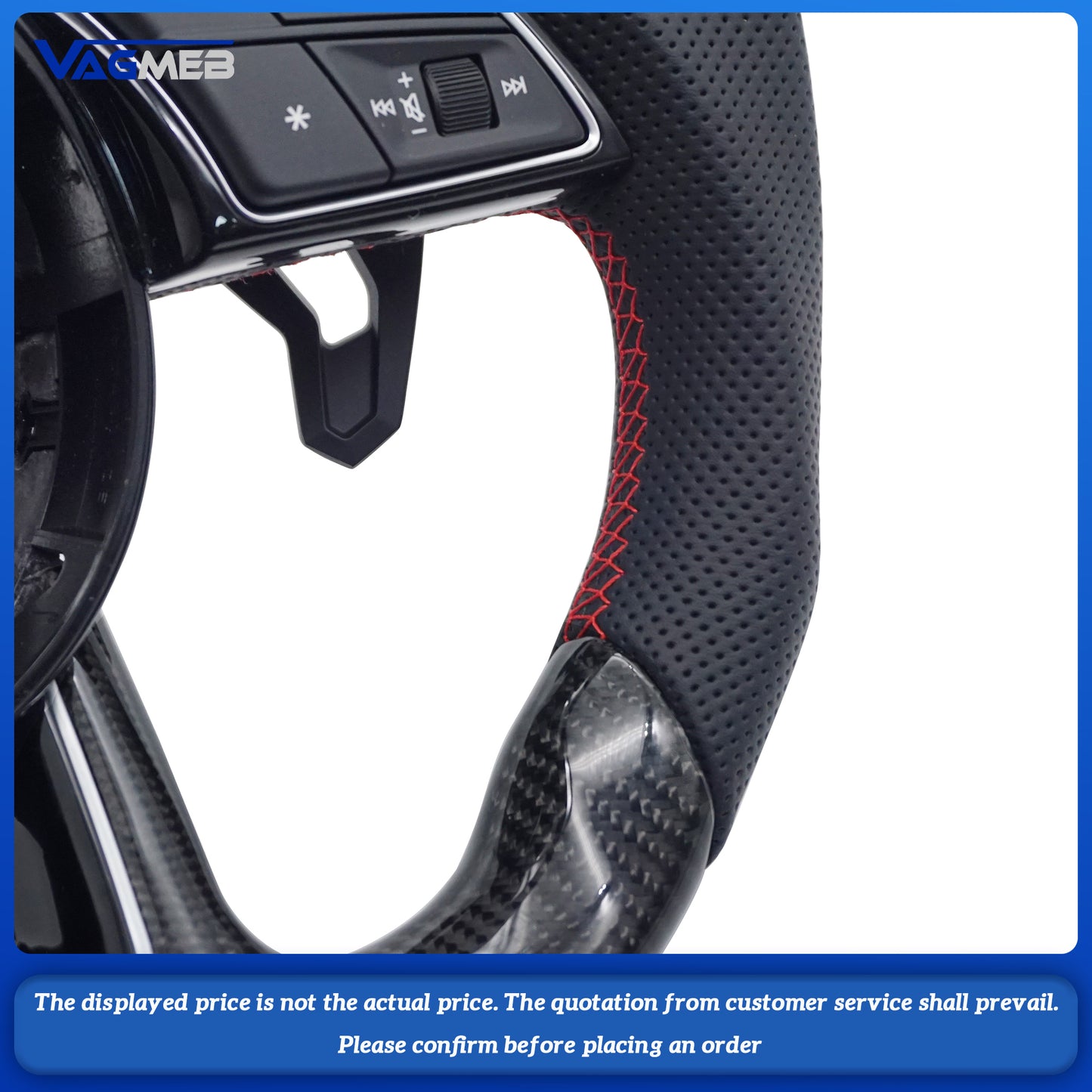 For Audi S LOGO A4B9, semi-perforated red line carbon fiber with red centering mark, buttons and paddles Steering Wheel