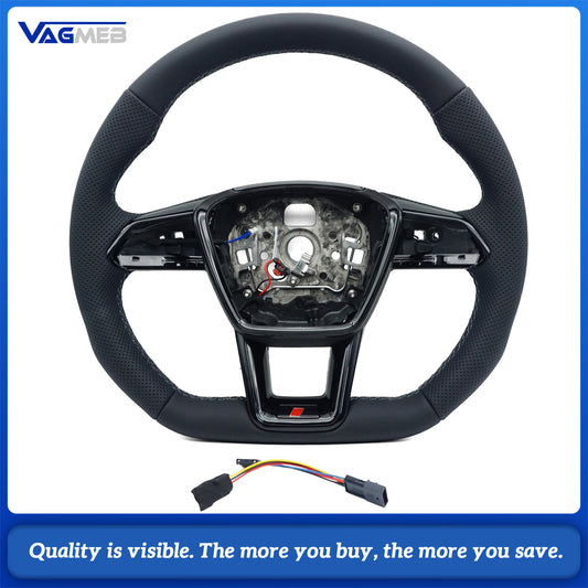 For Audi A6 C8 S Logo Semi-Perforated Leather Steering Wheel – Dark Gray Stitching, Heated, with HOD Decoder