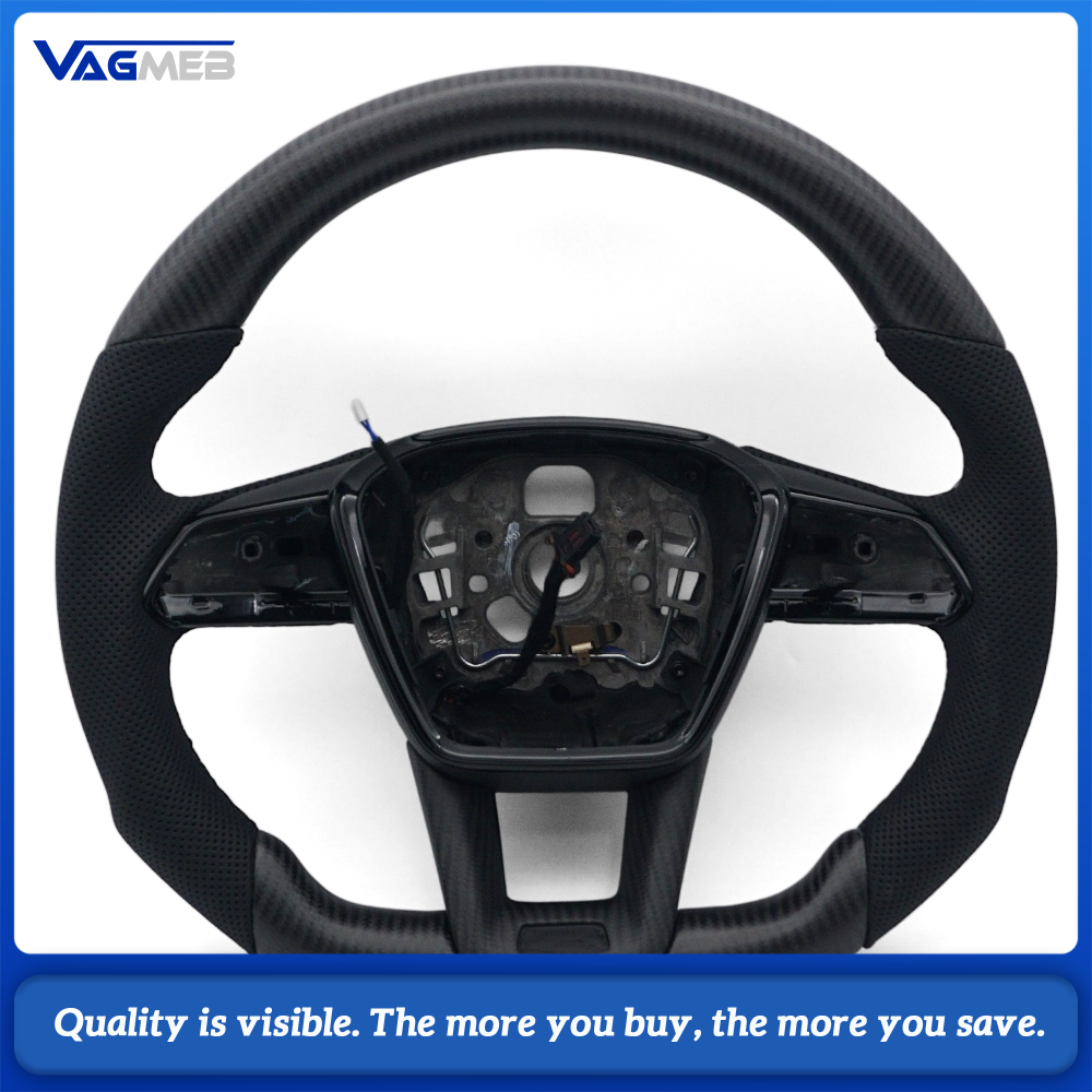 Car Matte Carbon Half Perforated Leather Steering Wheel Black Stitching Heated Function Without Buttons and Paddle Shifters Replacement For Audi A6 C8