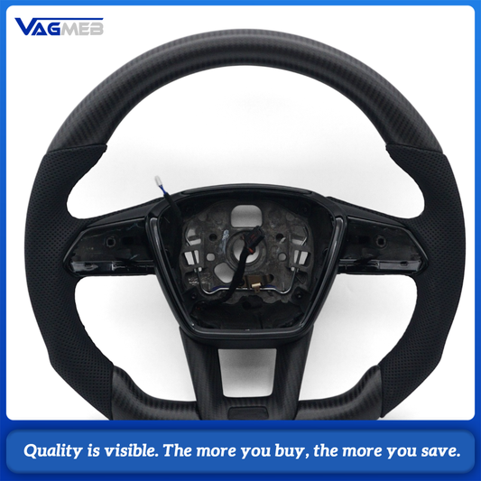 Car Matte Carbon Half Perforated Leather Steering Wheel Black Stitching Heated Function Without Buttons and Paddle Shifters Replacement For Audi A6 C8