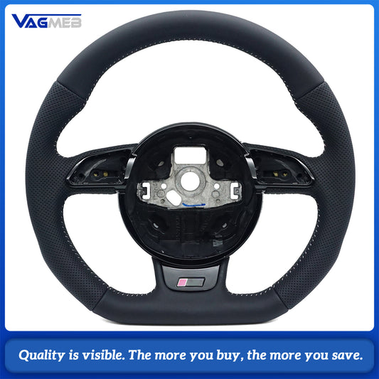 For Audi A4 B8 A3 8V A4 A5 A7 Q3 Q5 Q7 Black Stitched Full Leather Perforated Flat Bottomed Steering Wheel