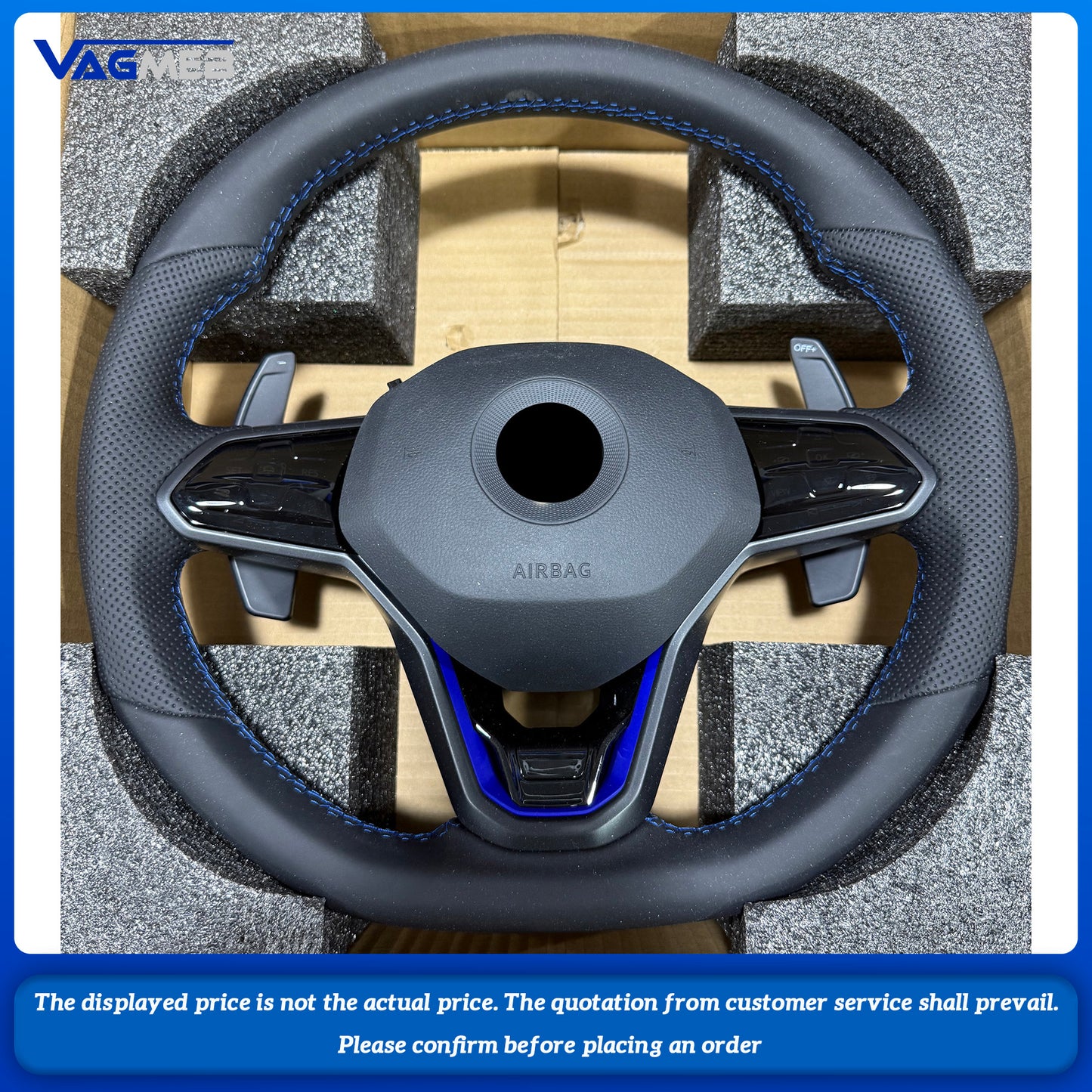 For VW Golf 8 MK8 custom leather Perforated leather with button and blue paddle steeringwheel with blue R With driving mode button