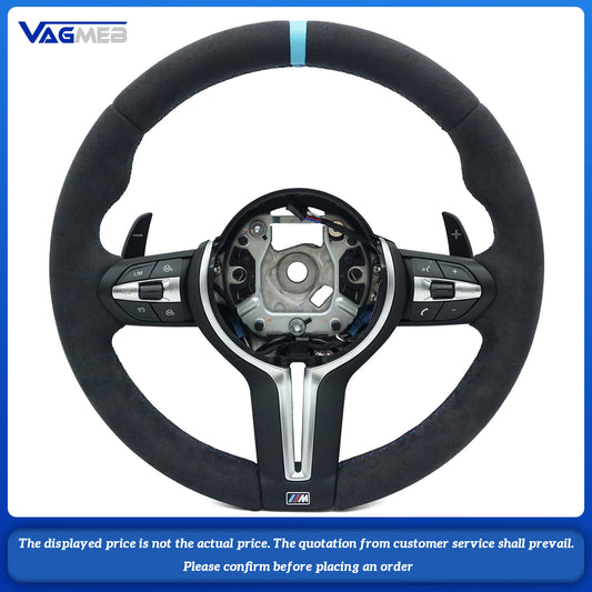 Leather black wire steering wheel with Light blue 12 o'clock emblem For BMW M M3 M5 F10 F11 F13 F15 F20 F21 F22 F25 F01 F02 F03 F30 F31