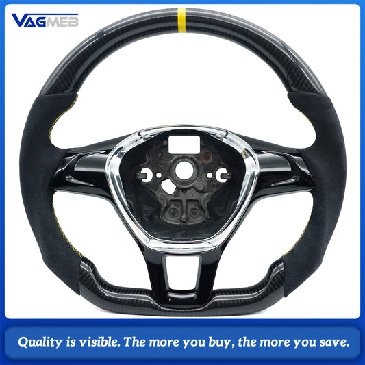 Carbon Fiber Semi Perforated Sports Steering Wheel Yellow line, yellow return, standard marking For VW GOLF 7 MK7 Transporter T6