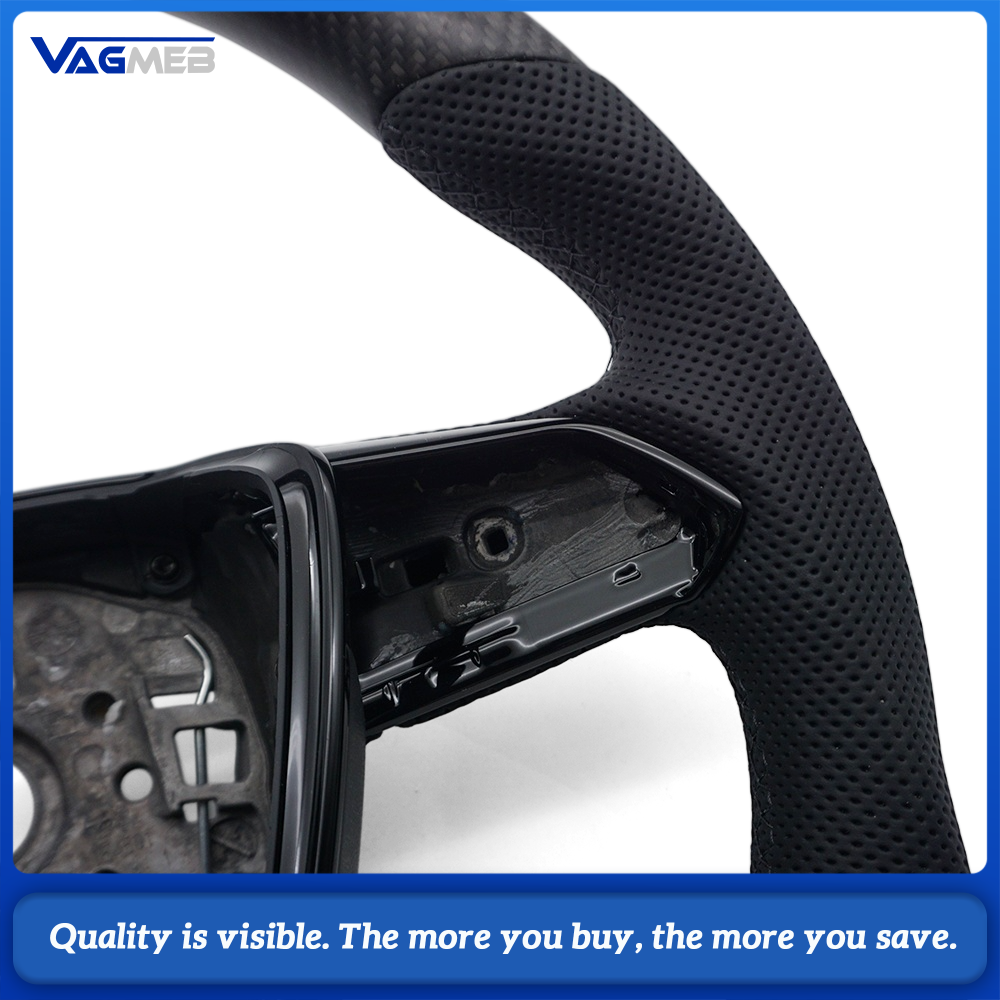 Car Matte Carbon Half Perforated Leather Steering Wheel Black Stitching Heated Function Without Buttons and Paddle Shifters Replacement For Audi A6 C8
