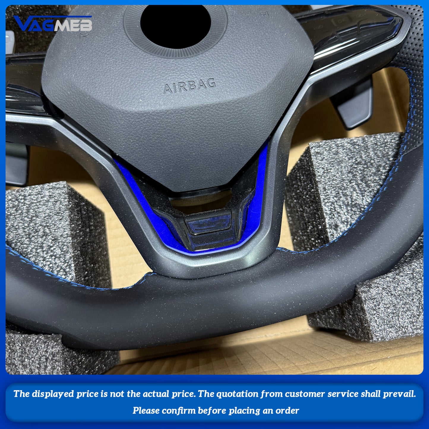 For VW Golf 8 MK8 custom leather Perforated leather with button and blue paddle steeringwheel with blue R With driving mode button