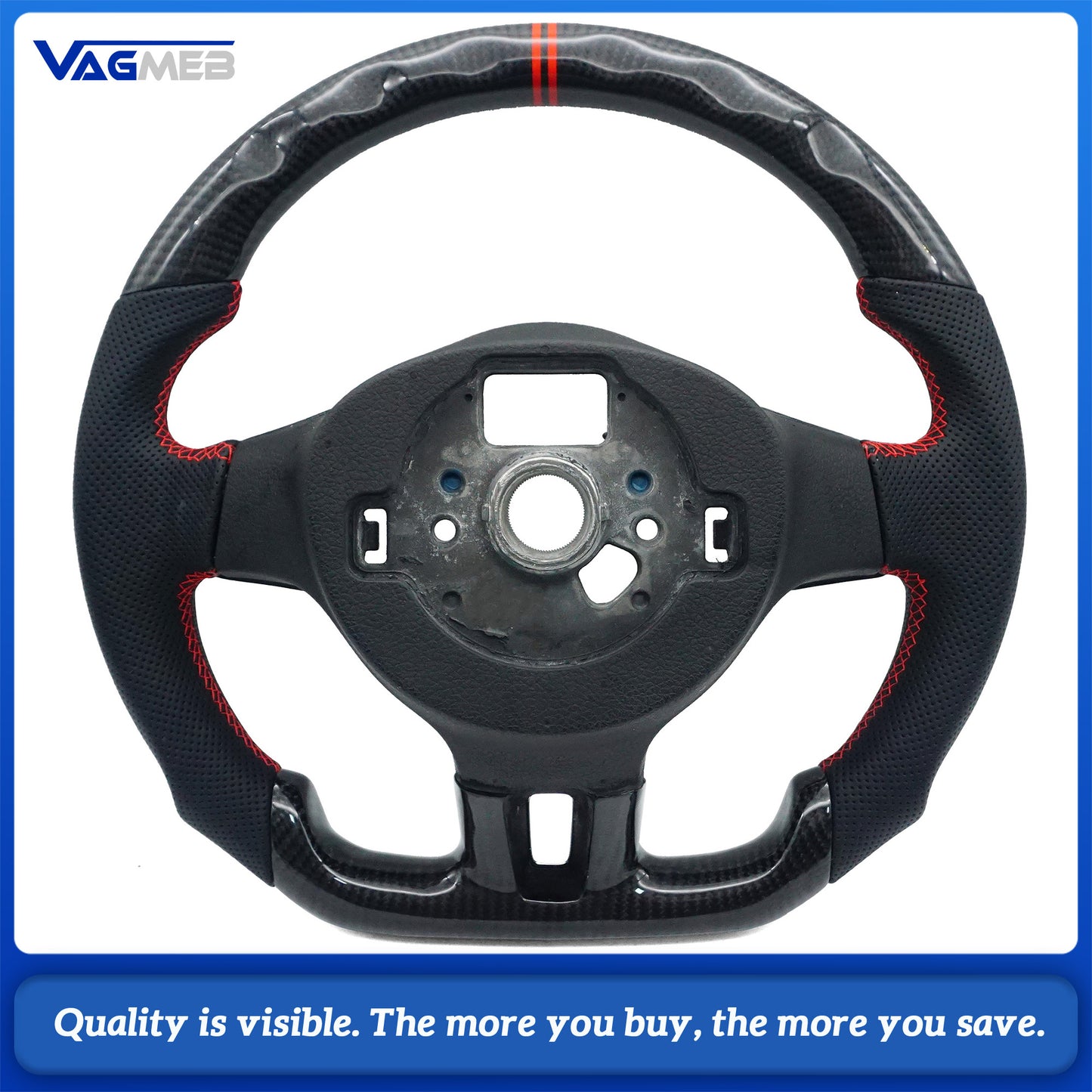 For VW Golf 6 GTI GTD R 2009-2013 Polo GTI Tiguan Passat R-Line Carbon fiber semi perforated with Red return label steering wheel