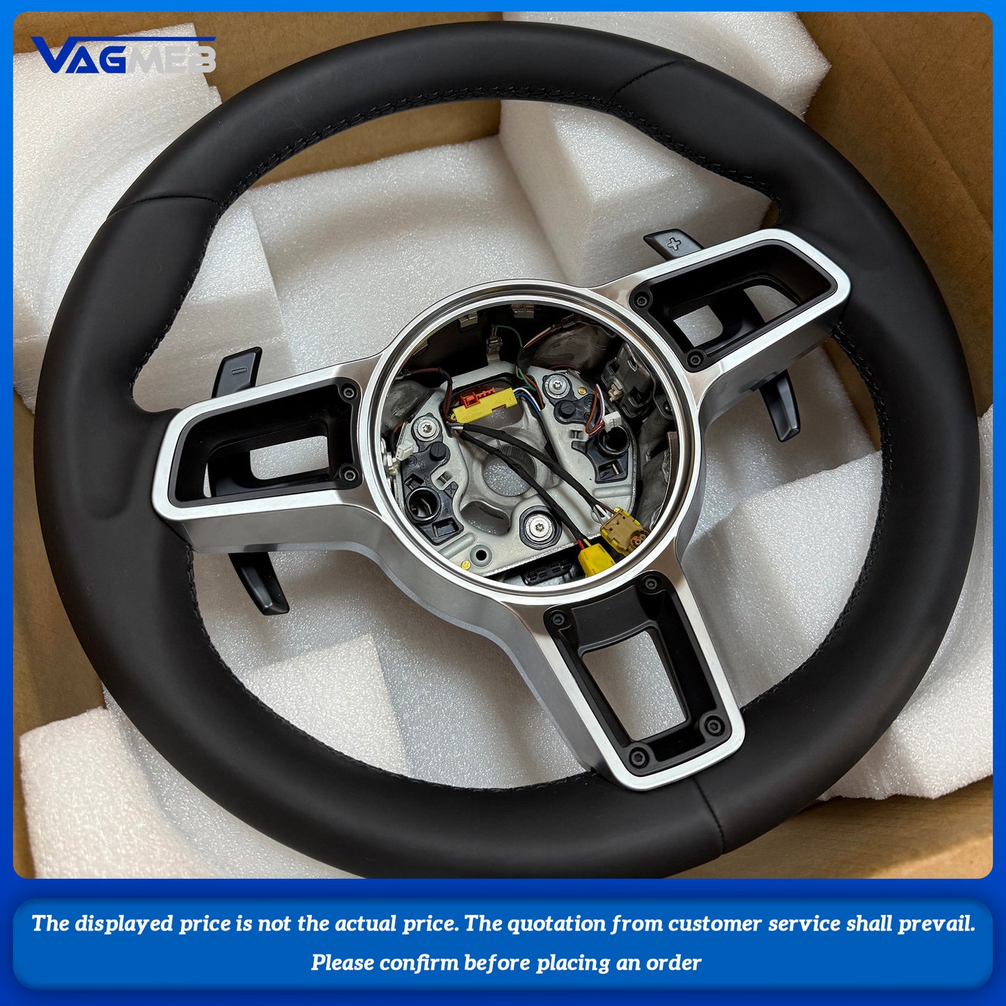 Customized for Porsche, black leather steering wheel, Cayenne Macan Boxster Cayman Taycan Panamera Carrera 718