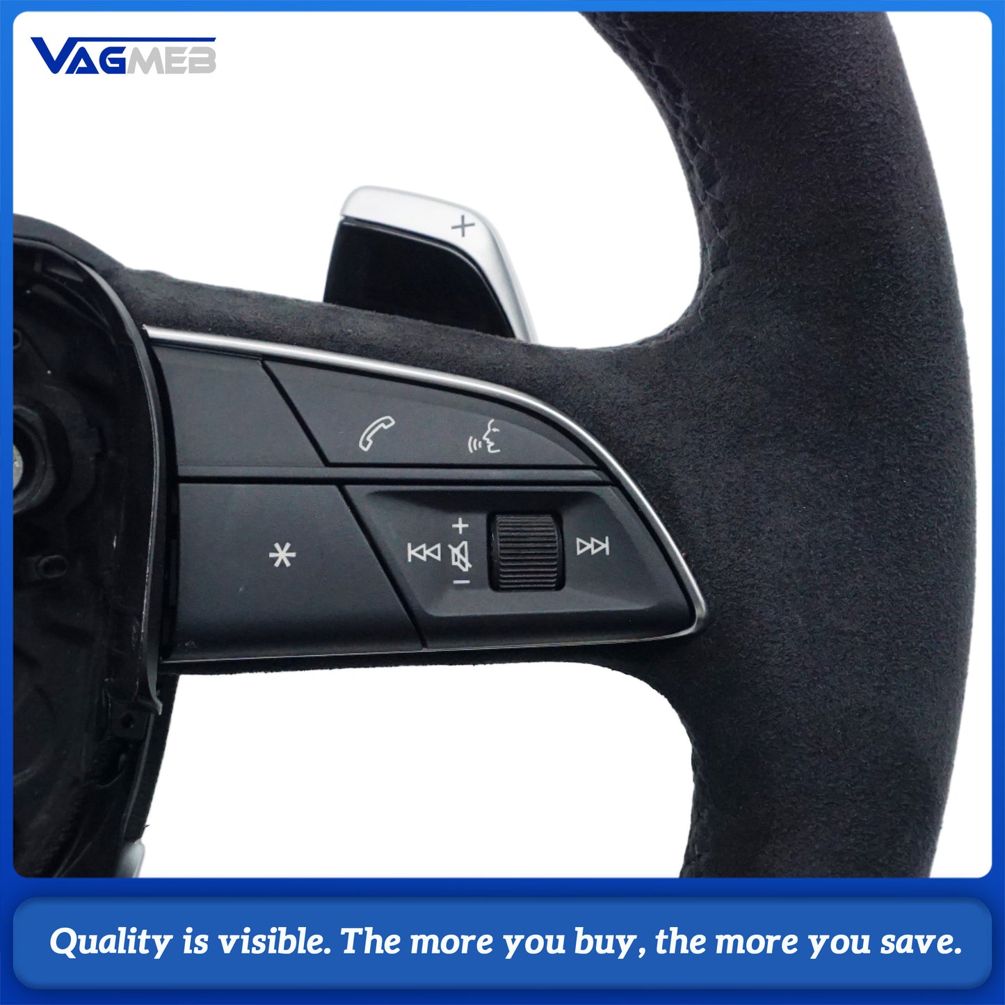 For Audi Q5 FY Full Alcantara Suede Steering Wheel, Black Stitching, S Logo, Heated Function, Paddle Shifters & Multi-Function Buttons