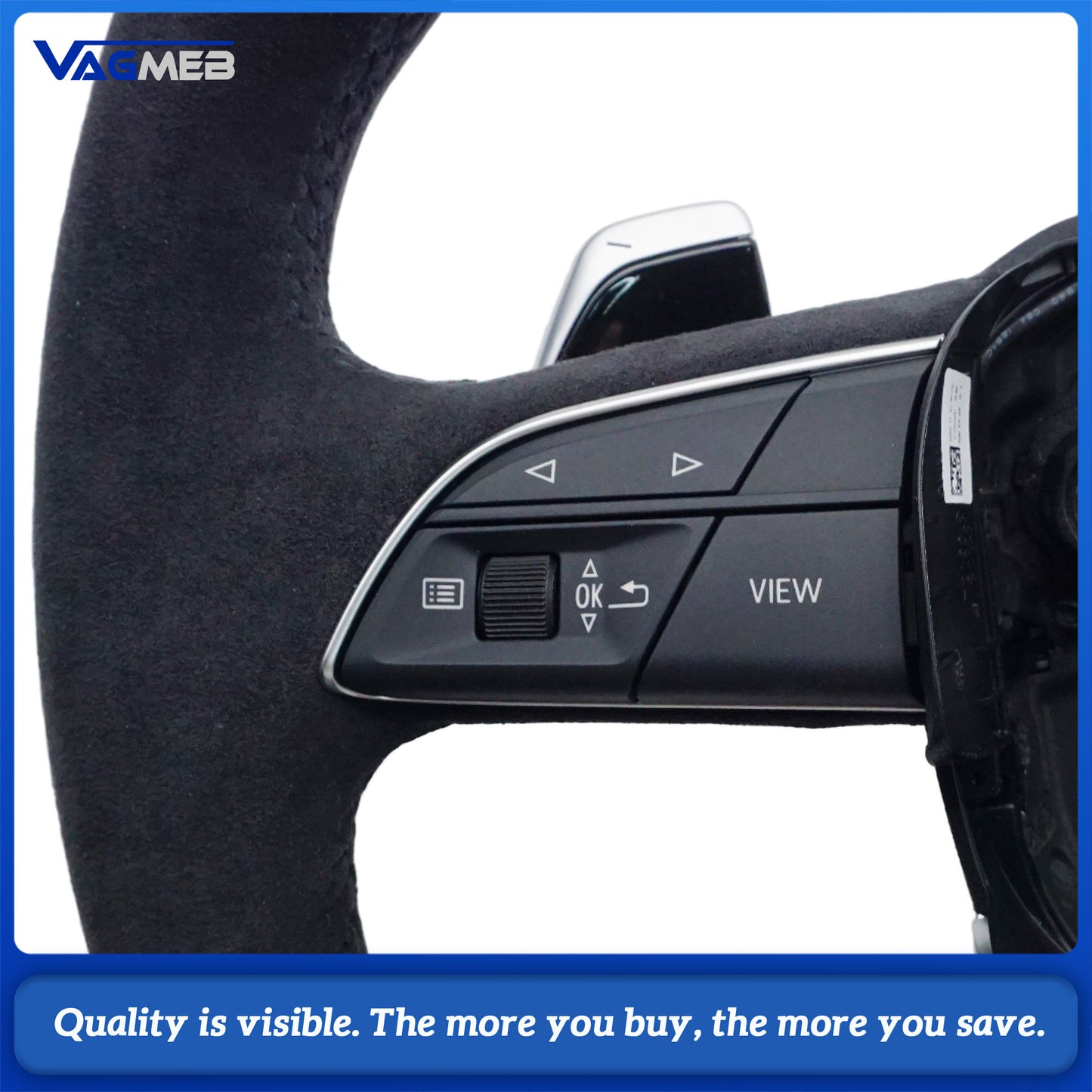 For Audi Q5 FY Full Alcantara Suede Steering Wheel, Black Stitching, S Logo, Heated Function, Paddle Shifters & Multi-Function Buttons