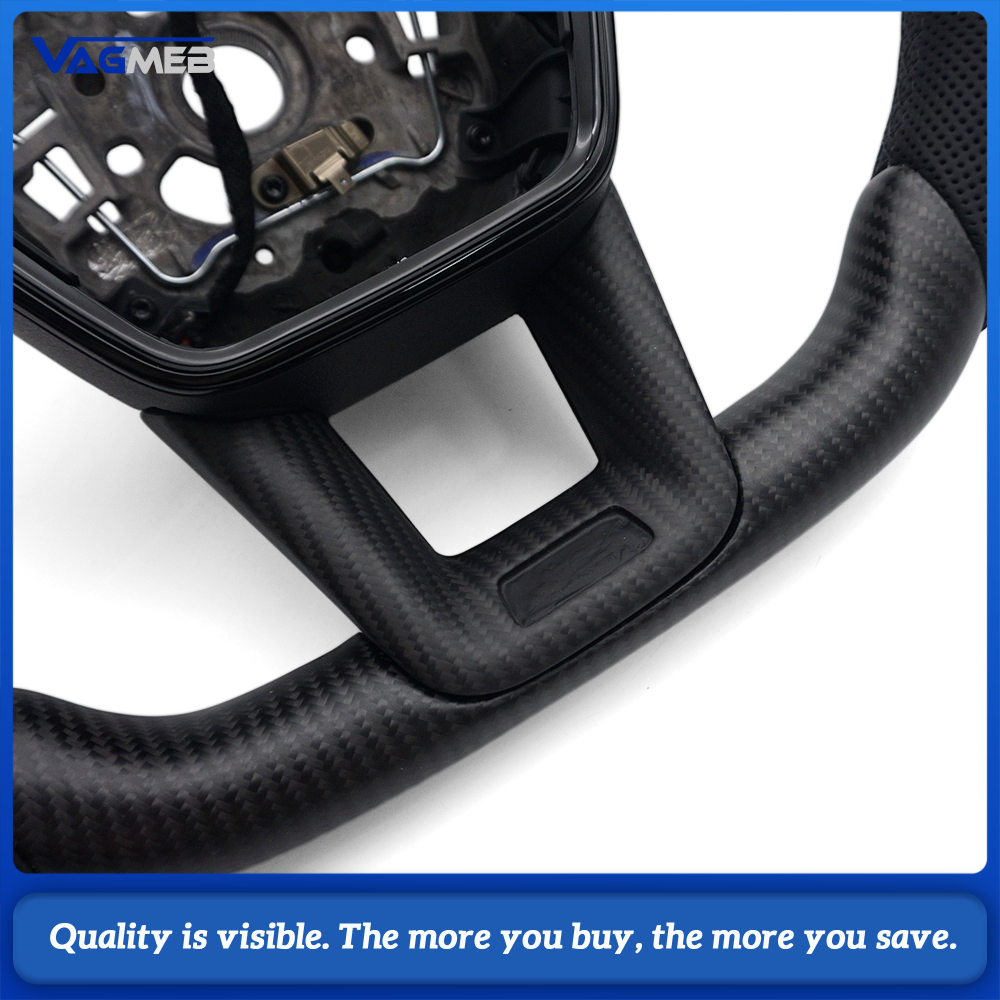 Car Matte Carbon Half Perforated Leather Steering Wheel Black Stitching Heated Function Without Buttons and Paddle Shifters Replacement For Audi A6 C8