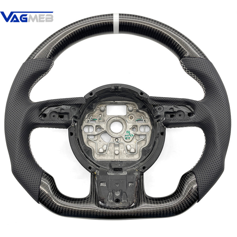 For Audi A6 C7 White Stitching Punched Leather White Lable Carbon Fiber Steering Wheel Base Assembly