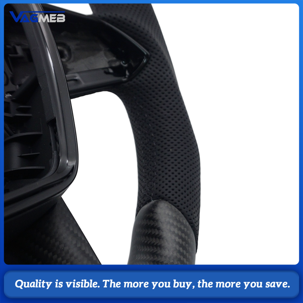 Car Matte Carbon Half Perforated Leather Steering Wheel Black Stitching Heated Function Without Buttons and Paddle Shifters Replacement For Audi A6 C8
