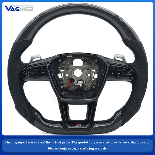 Carbon fiber Alcantara white stitching sports flat bottomed steering wheel with heating for Audi A6 C8, Car Accessories