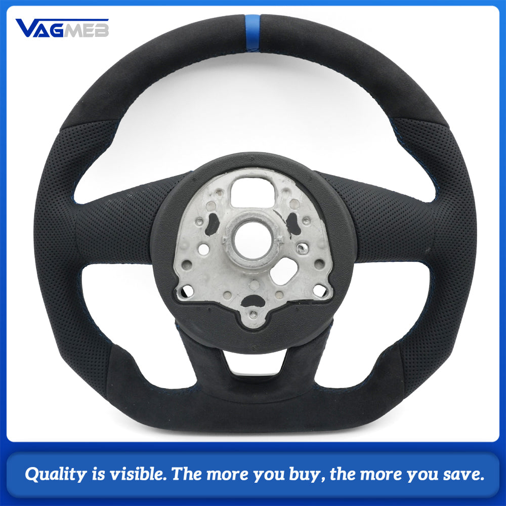 For Audi A4 B9 RS Steering Wheel, Alcantara TopBottom, Perforated Leather Sides, Blue Stitching, Blue 12 o’Clock Marker