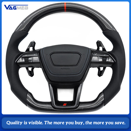 For Audi A6 C8 Without Heated Perforated Leather Forged Carbon Fiber RSS Logo Steering Wheel Key Button Frame Assembly